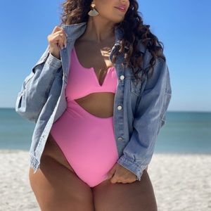 V Front Hot Pink One Piece Swimsuit
